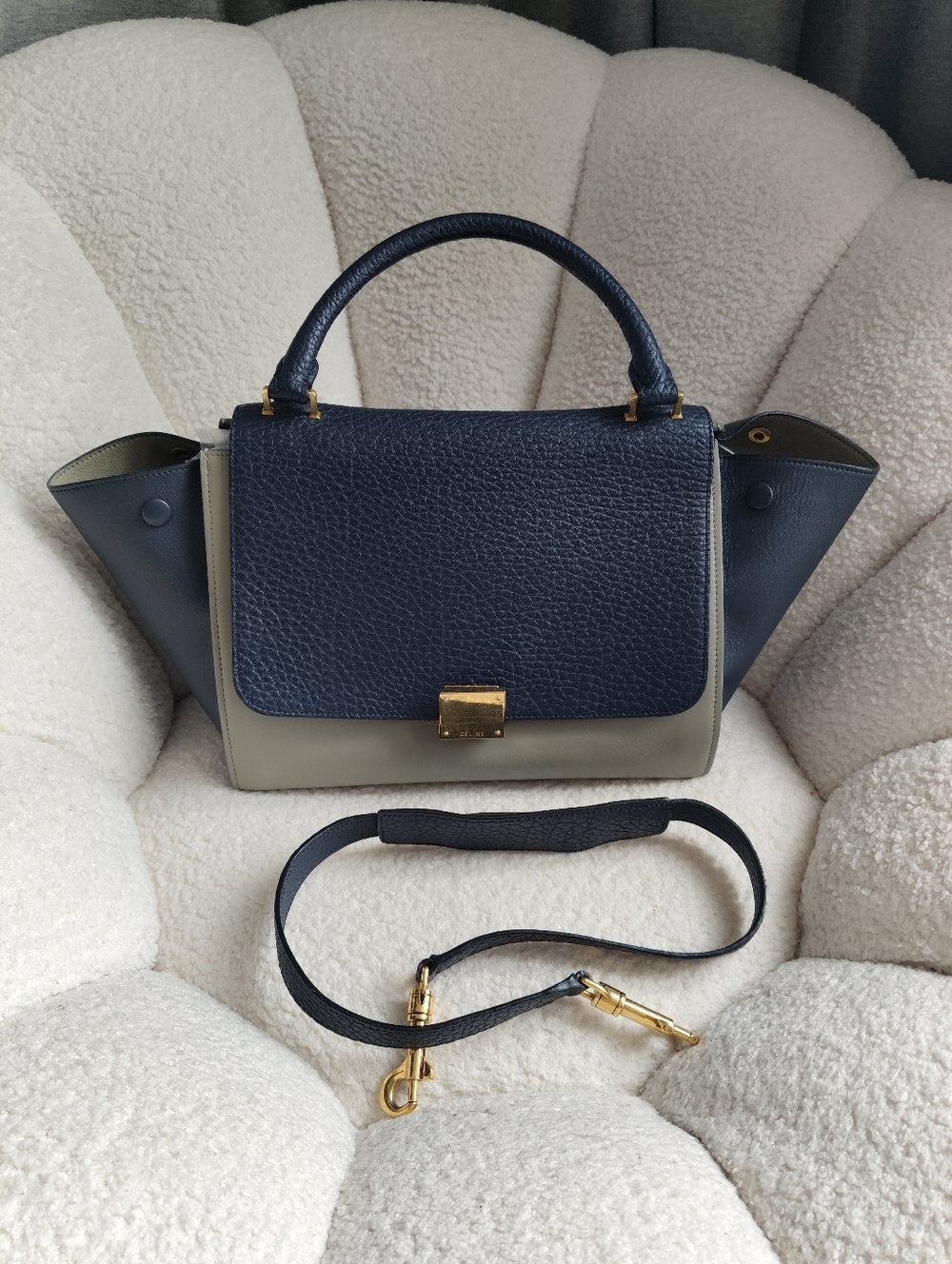 Women's Top-Handle Leather Satchel in Navy and Gray